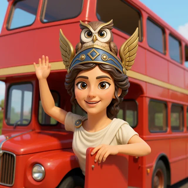 Alvis waving from a red double-decker bus